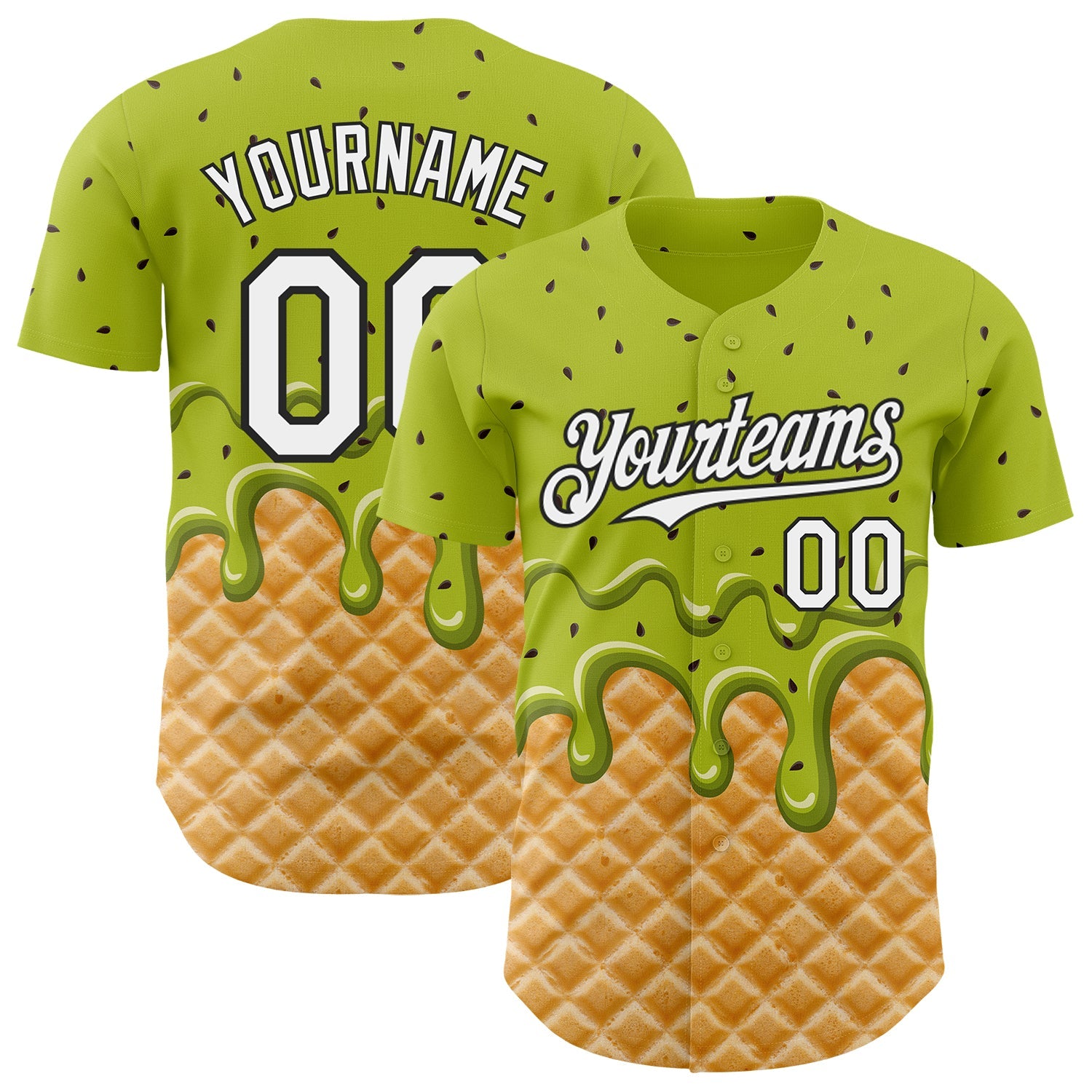 Custom Neon Green White-Black Ice Cream Waffle Foodie Dessert Authentic Baseball Jersey - Main View