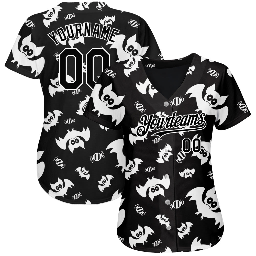 Custom Black White 3D Pattern Design Bat Authentic Baseball Jersey view 2