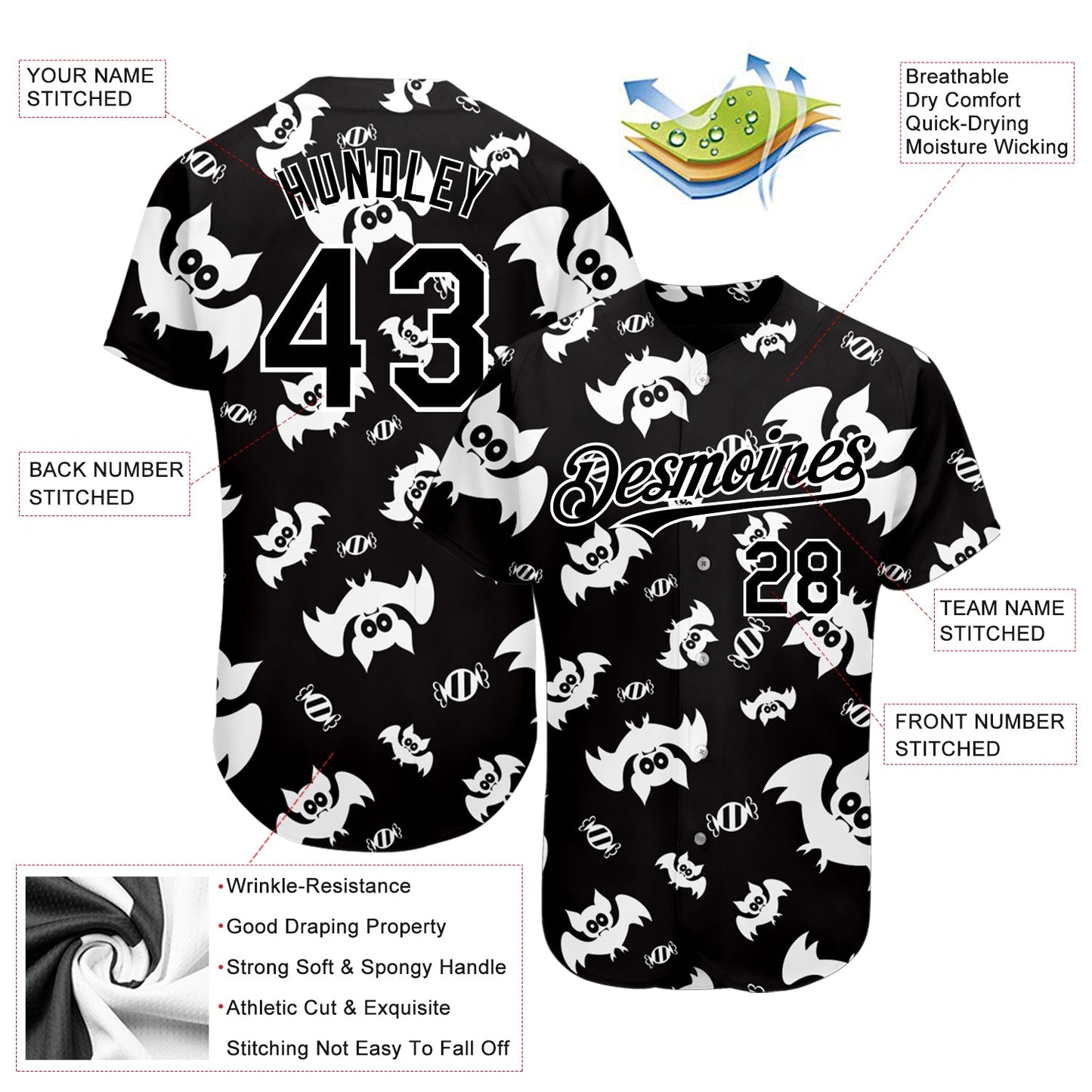 Custom Black White 3D Pattern Design Bat Authentic Baseball Jersey view 3