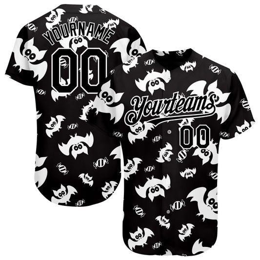 Custom Black White 3D Pattern Design Bat Authentic Baseball Jersey - Main View