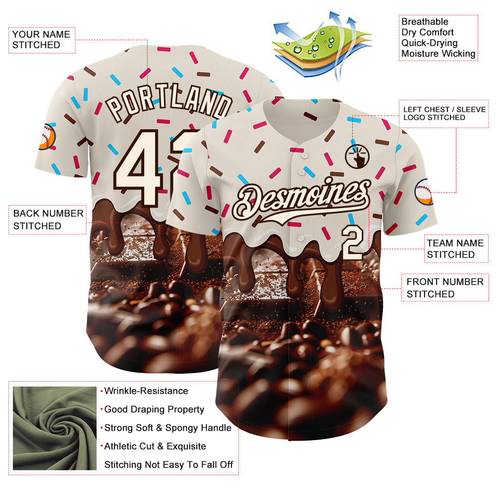 Custom Cream-Brown Ice Cream Chocolate Foodie Dessert Authentic Baseball Jersey view 3
