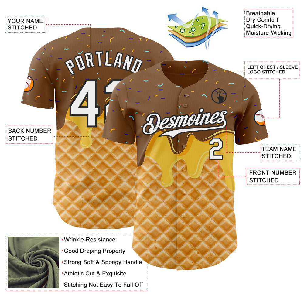 Custom Brown White-Black Ice Cream Waffle Foodie Dessert Authentic Baseball Jersey view 3