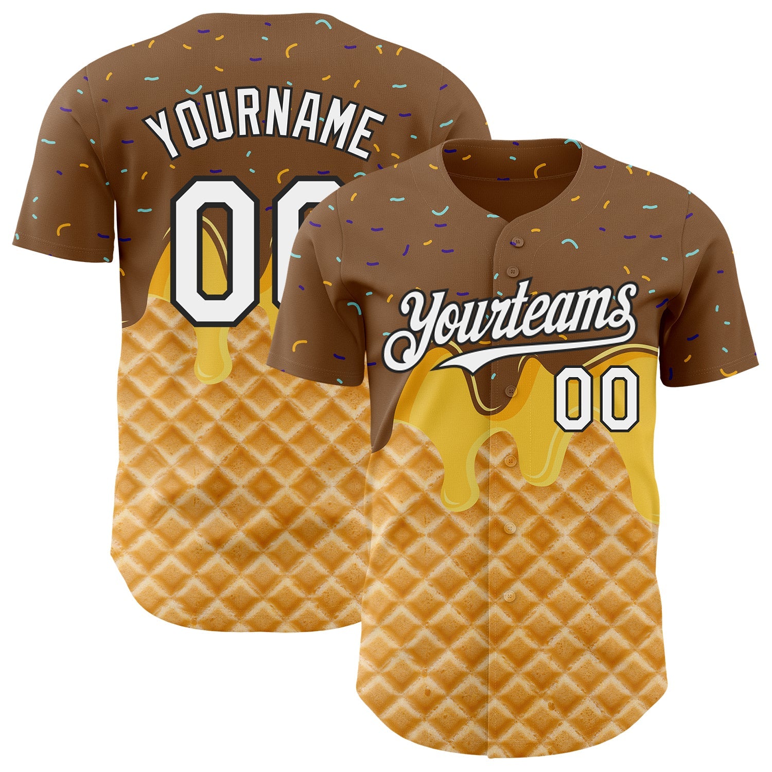 Custom Brown White-Black Ice Cream Waffle Foodie Dessert Authentic Baseball Jersey - Main View