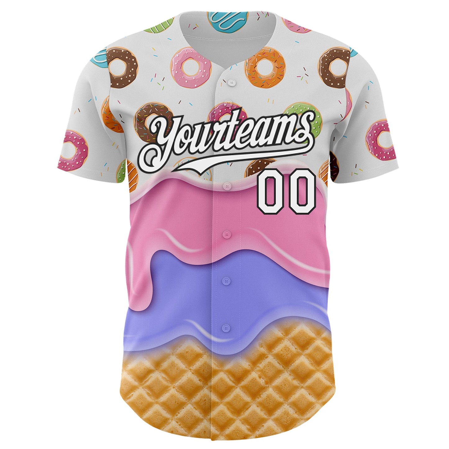 Custom White-Black Ice Cream Waffle Donut Foodie Dessert Authentic Baseball Jersey view 2