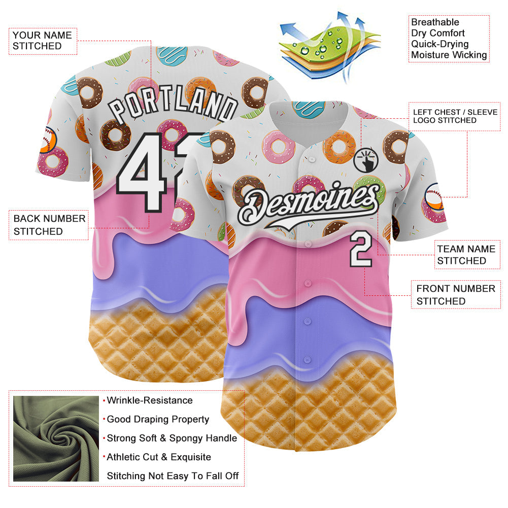 Custom White-Black Ice Cream Waffle Donut Foodie Dessert Authentic Baseball Jersey view 3
