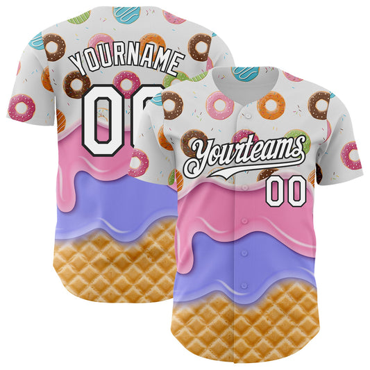 Custom White-Black Ice Cream Waffle Donut Foodie Dessert Authentic Baseball Jersey - Main View