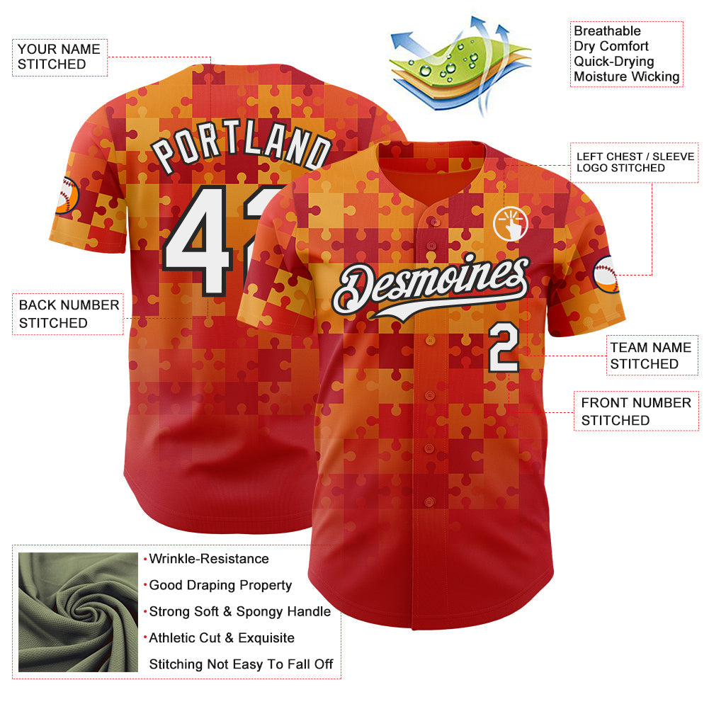 Custom Orange White-Black Puzzle 3D Pattern Design Authentic Baseball Jersey view 3