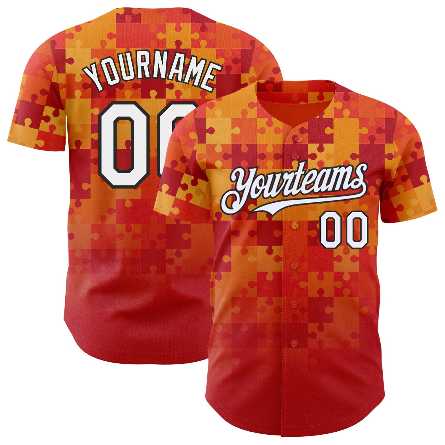 Custom Orange White-Black Puzzle 3D Pattern Design Authentic Baseball Jersey - Main View