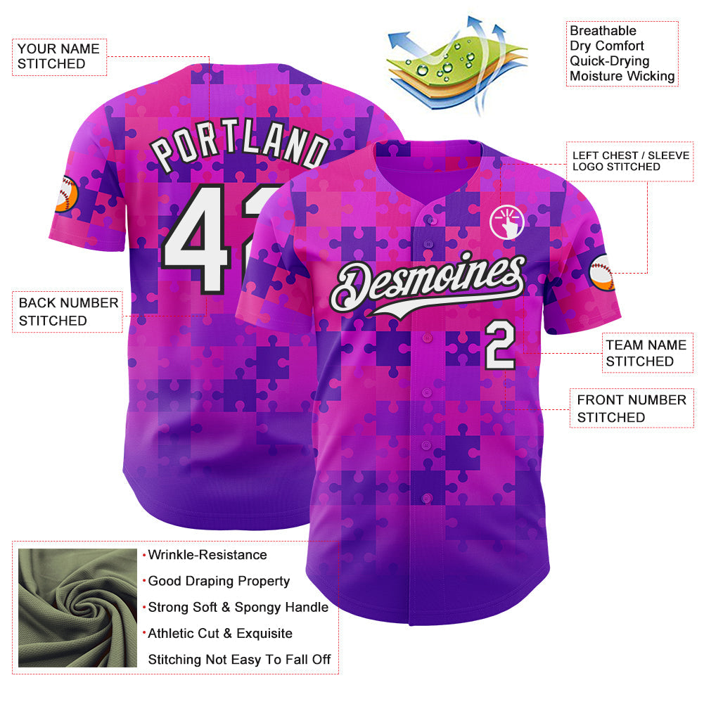 Custom Purple White-Black Puzzle 3D Pattern Design Authentic Baseball Jersey view 3