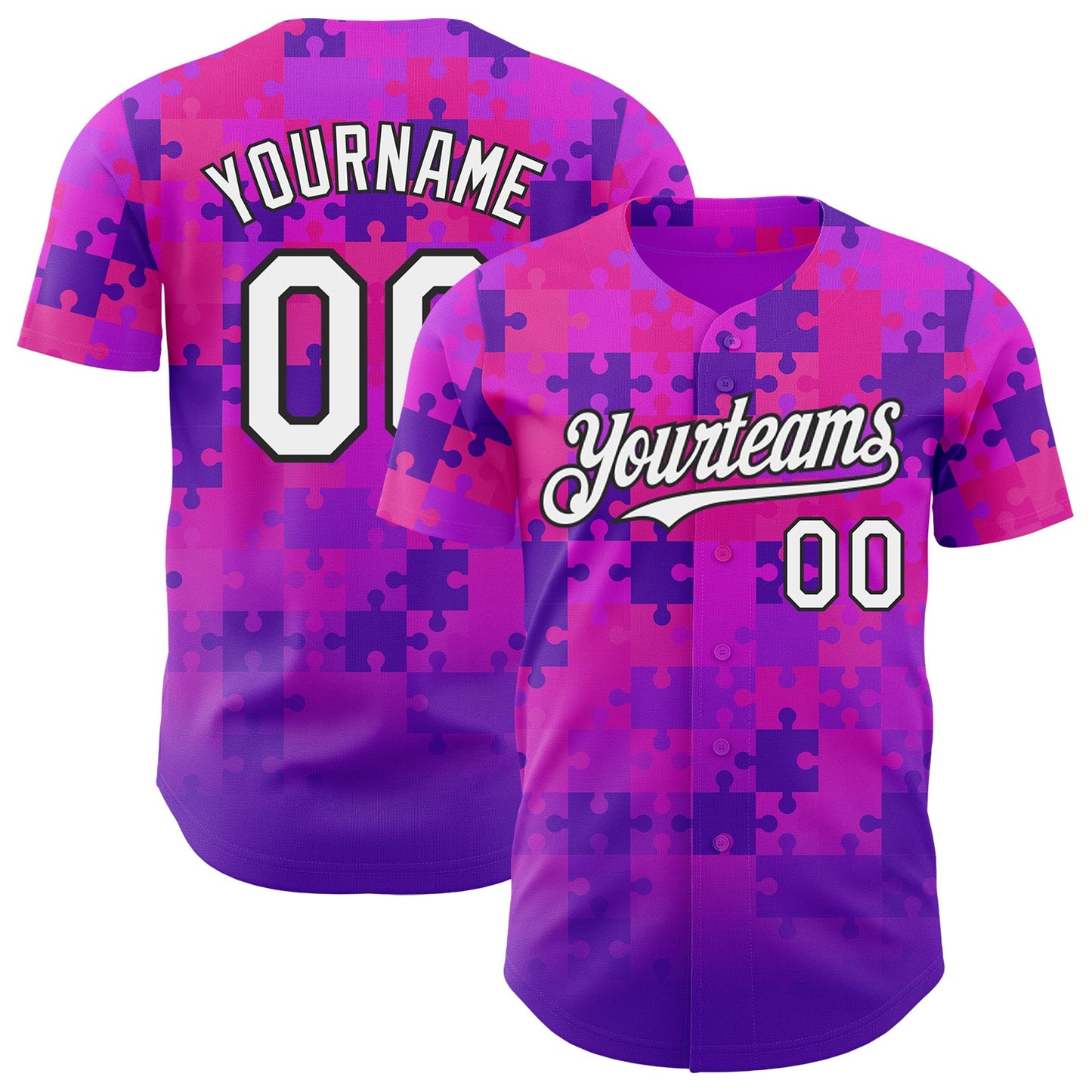 Custom Purple White-Black Puzzle 3D Pattern Design Authentic Baseball Jersey - Main View