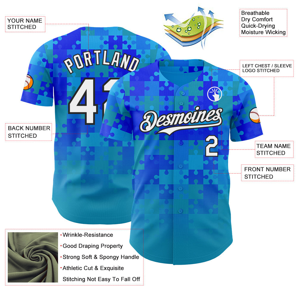 Custom Blue White-Black Puzzle 3D Pattern Design Authentic Baseball Jersey view 3