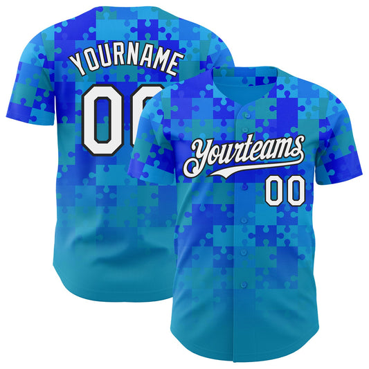Custom Blue White-Black Puzzle 3D Pattern Design Authentic Baseball Jersey - Main View