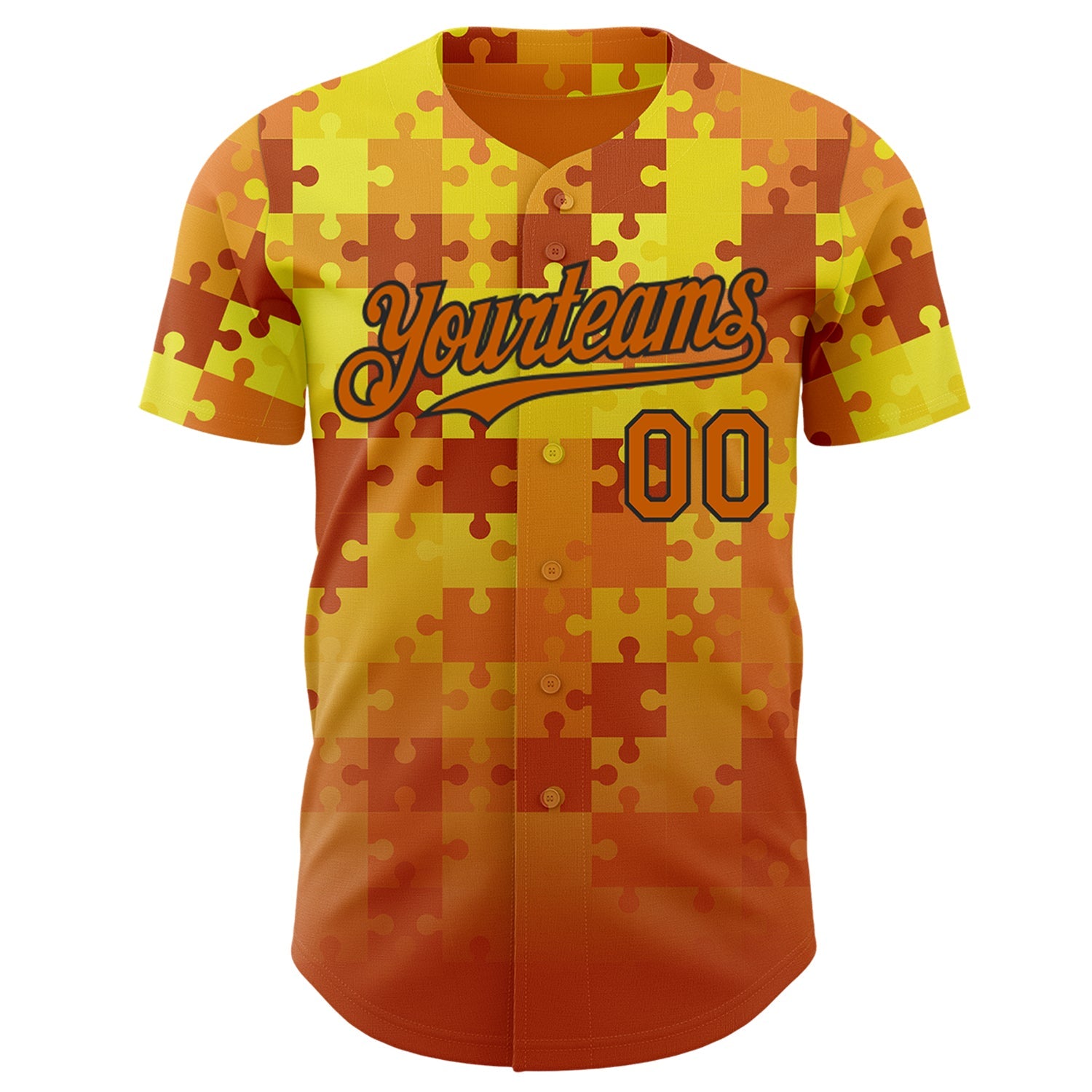 Custom Orange White Gold-Black Puzzle 3D Pattern Design Authentic Baseball Jersey view 2