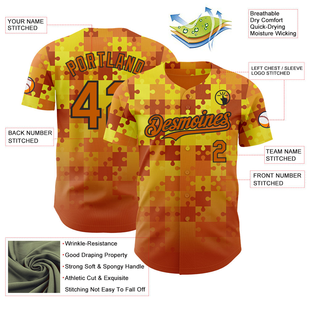 Custom Orange White Gold-Black Puzzle 3D Pattern Design Authentic Baseball Jersey view 3