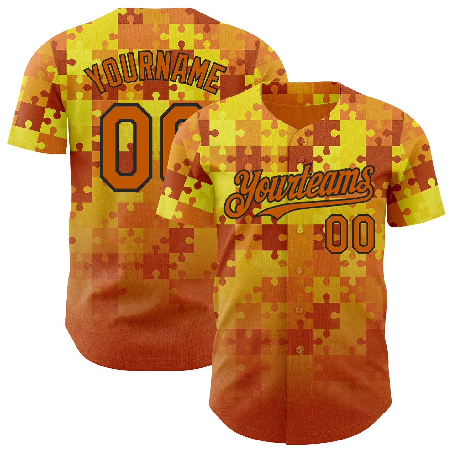 Custom Orange White Gold-Black Puzzle 3D Pattern Design Authentic Baseball Jersey - Main View
