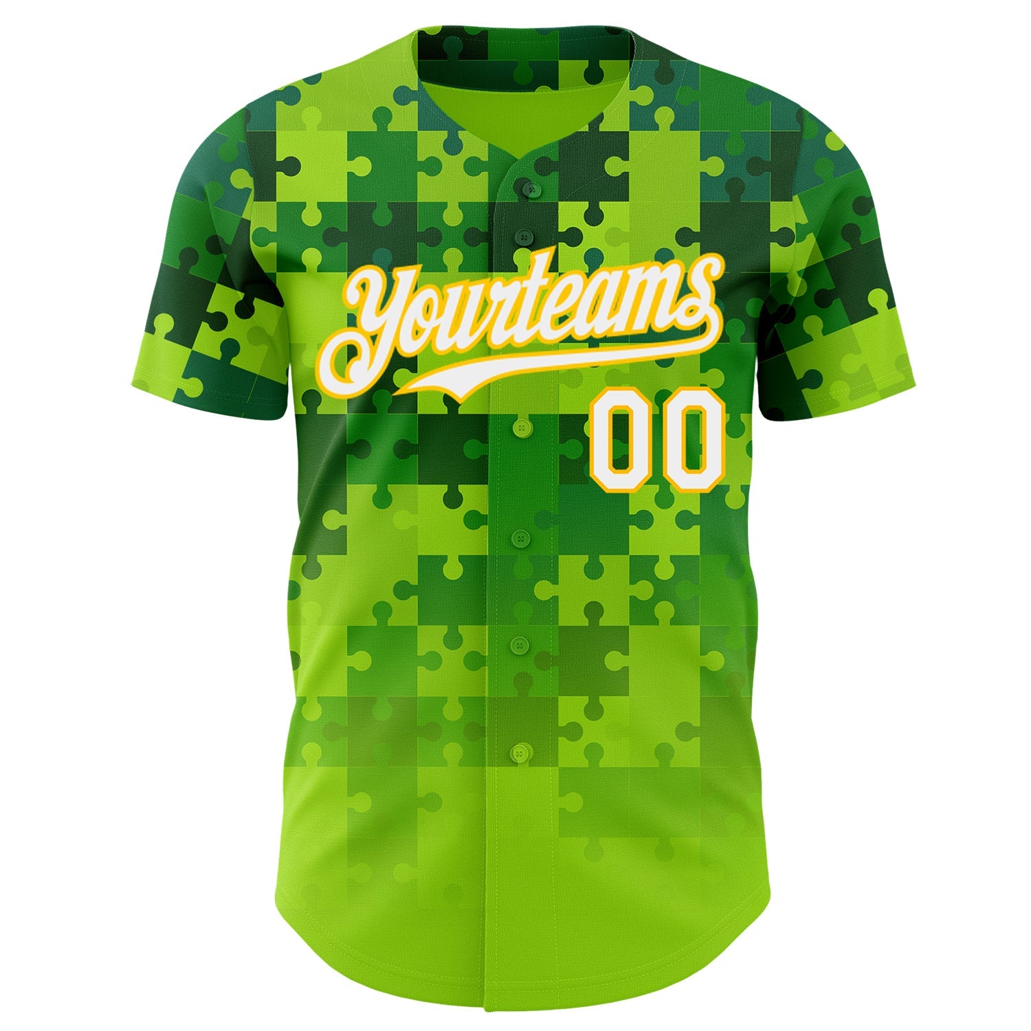 Custom Green White-Yellow Puzzle 3D Pattern Design Authentic Baseball Jersey view 2