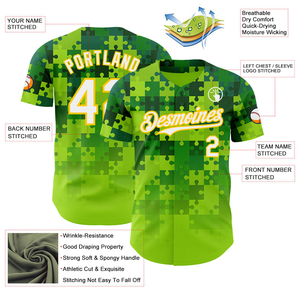 Custom Green White-Yellow Puzzle 3D Pattern Design Authentic Baseball Jersey view 3