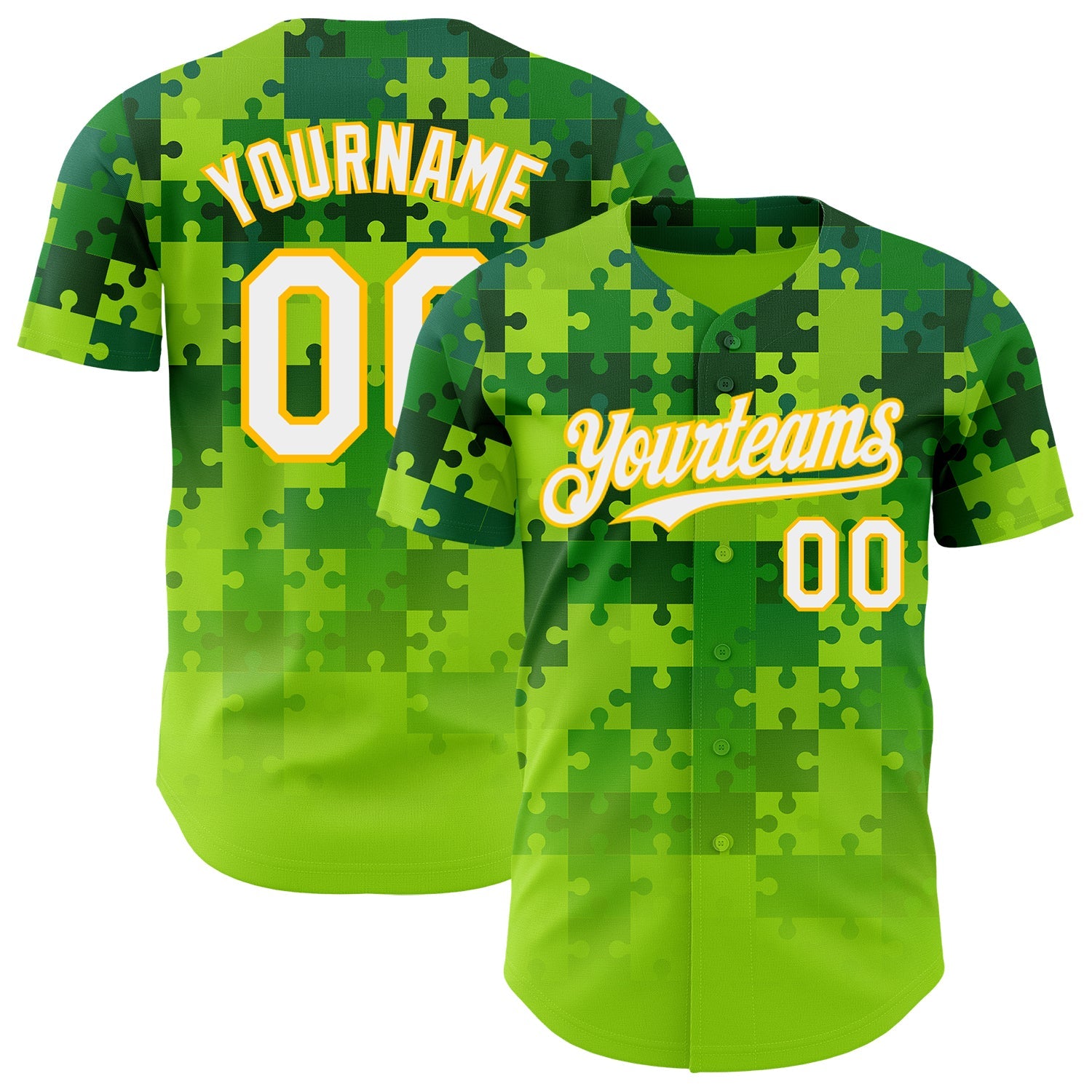 Custom Green White-Yellow Puzzle 3D Pattern Design Authentic Baseball Jersey - Main View