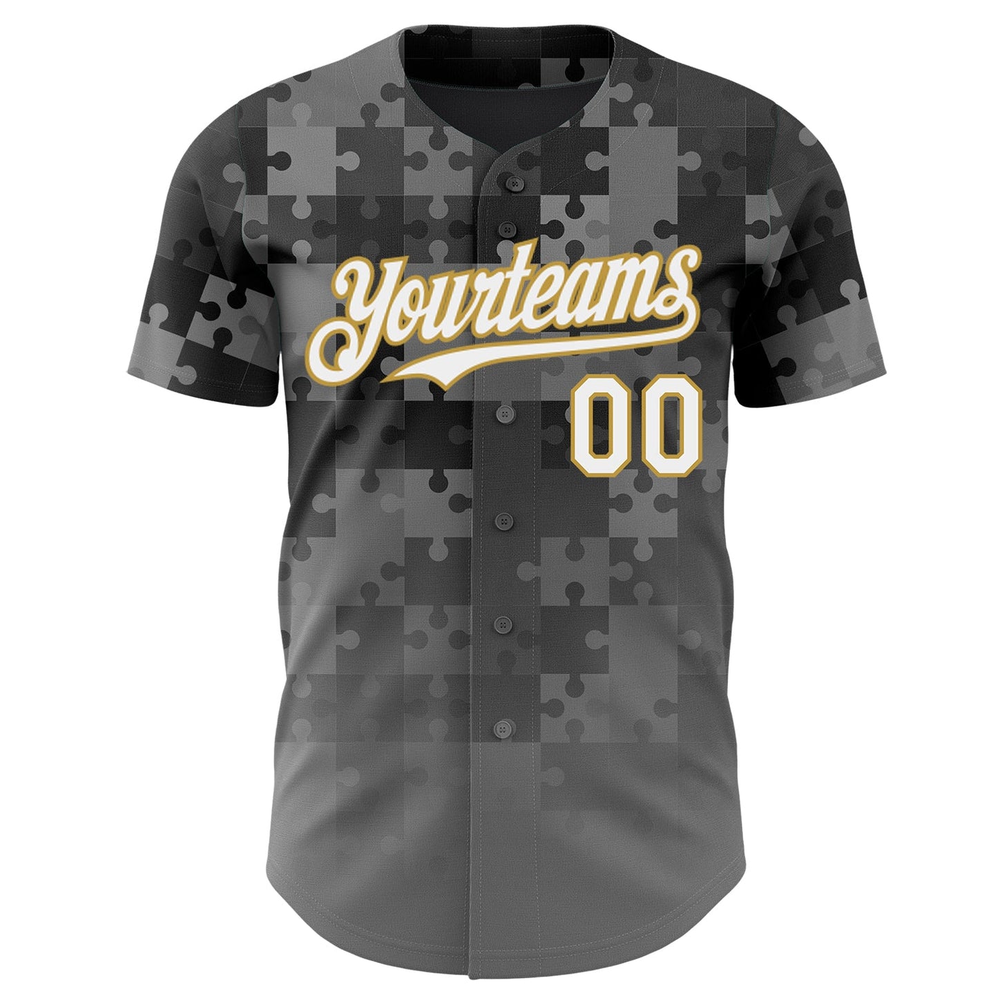Custom Steel Gray White-Old Gold Puzzle 3D Pattern Design Authentic Baseball Jersey view 2
