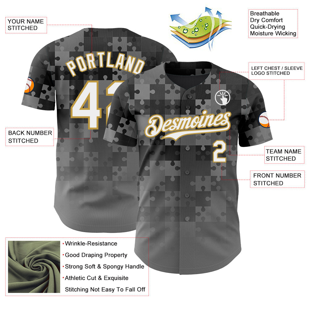 Custom Steel Gray White-Old Gold Puzzle 3D Pattern Design Authentic Baseball Jersey view 3