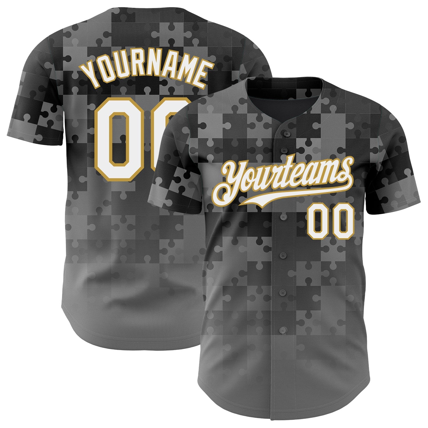 Custom Steel Gray White-Old Gold Puzzle 3D Pattern Design Authentic Baseball Jersey - Main View