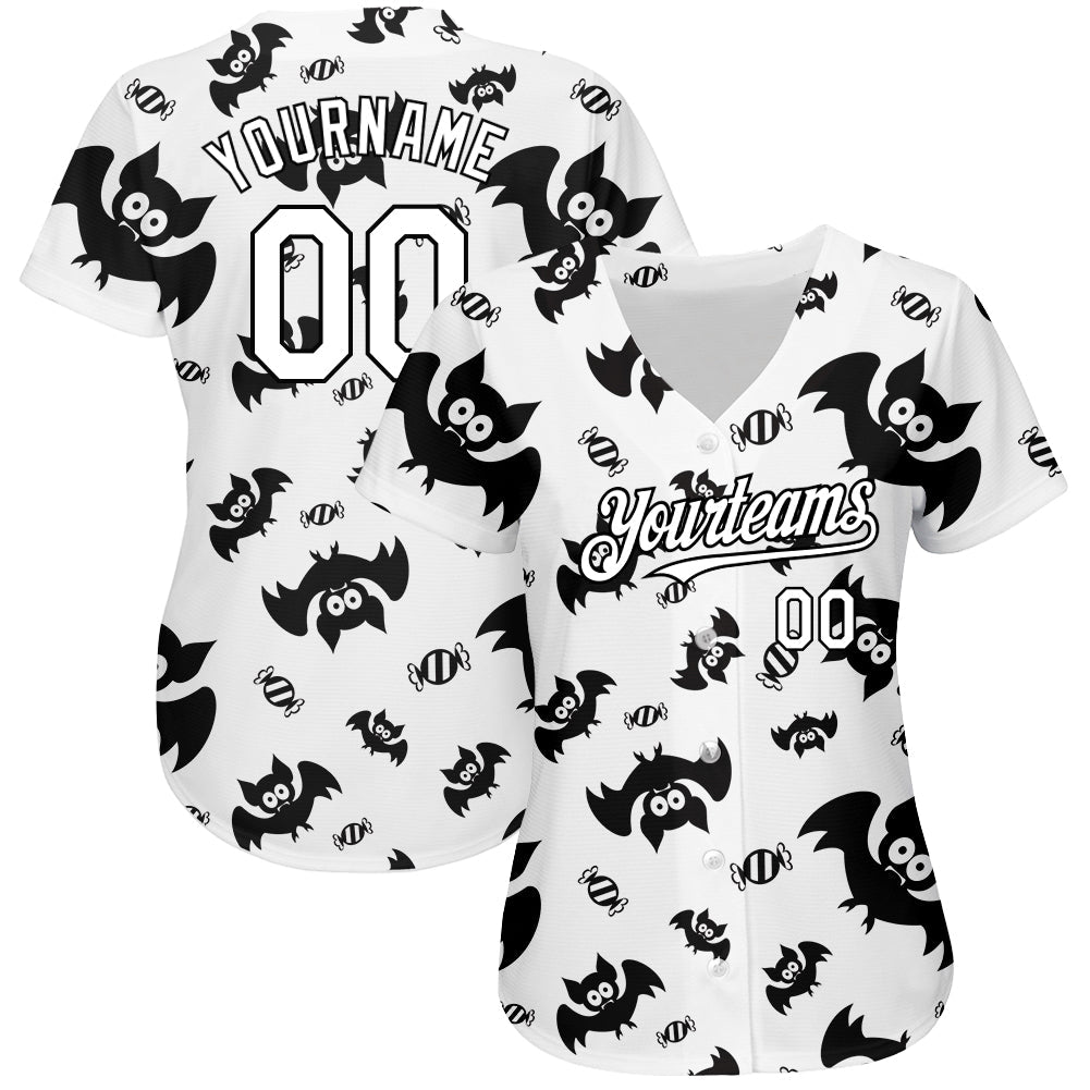 Custom White Black 3D Pattern Design Bat Authentic Baseball Jersey view 2