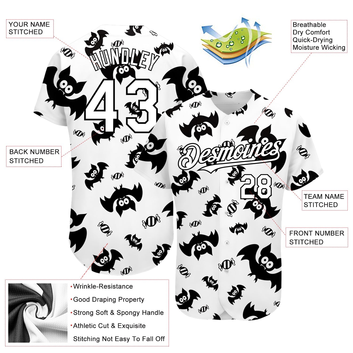 Custom White Black 3D Pattern Design Bat Authentic Baseball Jersey view 3