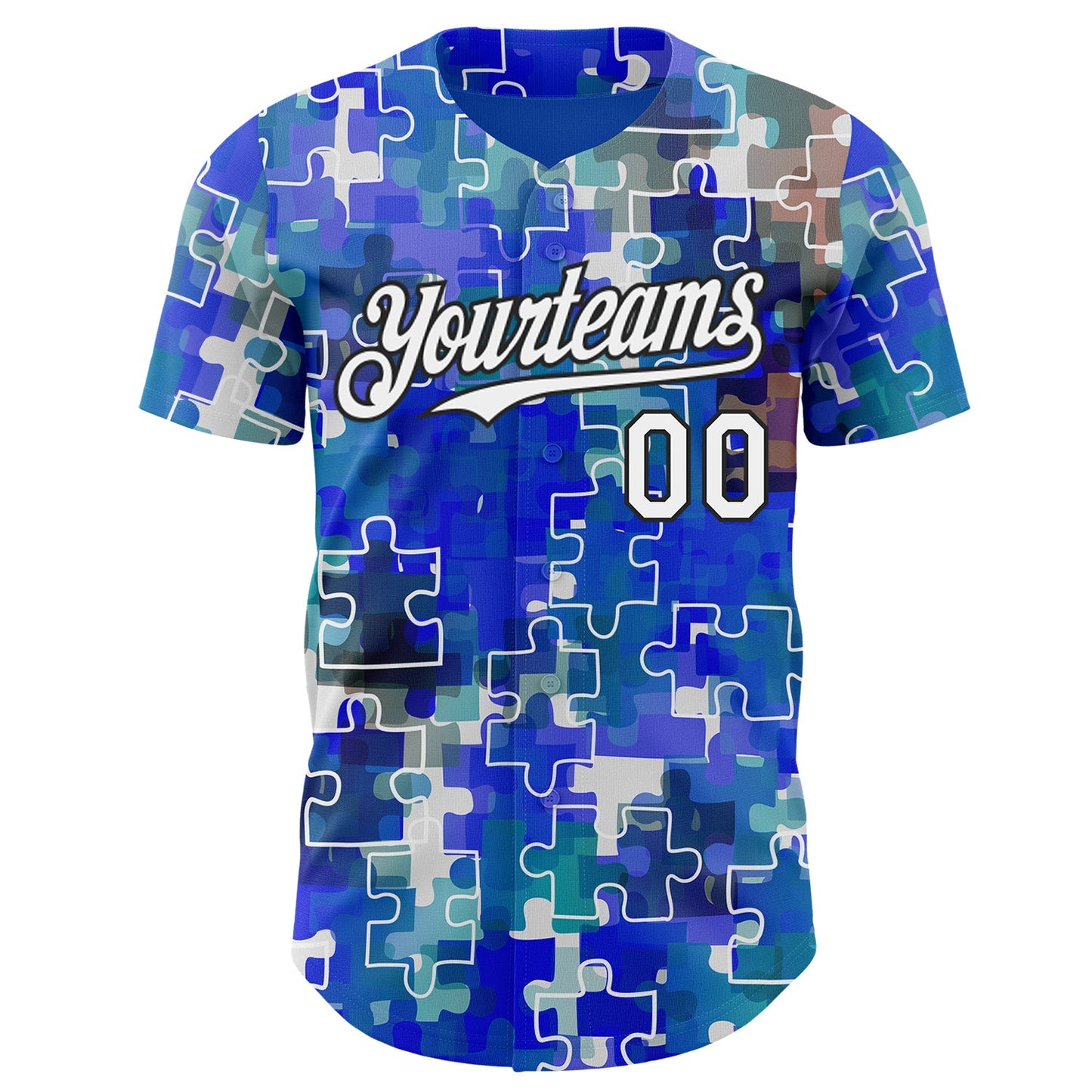 Custom Electric Blue White-Black Puzzle 3D Pattern Design Authentic Baseball Jersey view 2