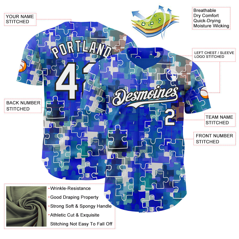 Custom Electric Blue White-Black Puzzle 3D Pattern Design Authentic Baseball Jersey view 3