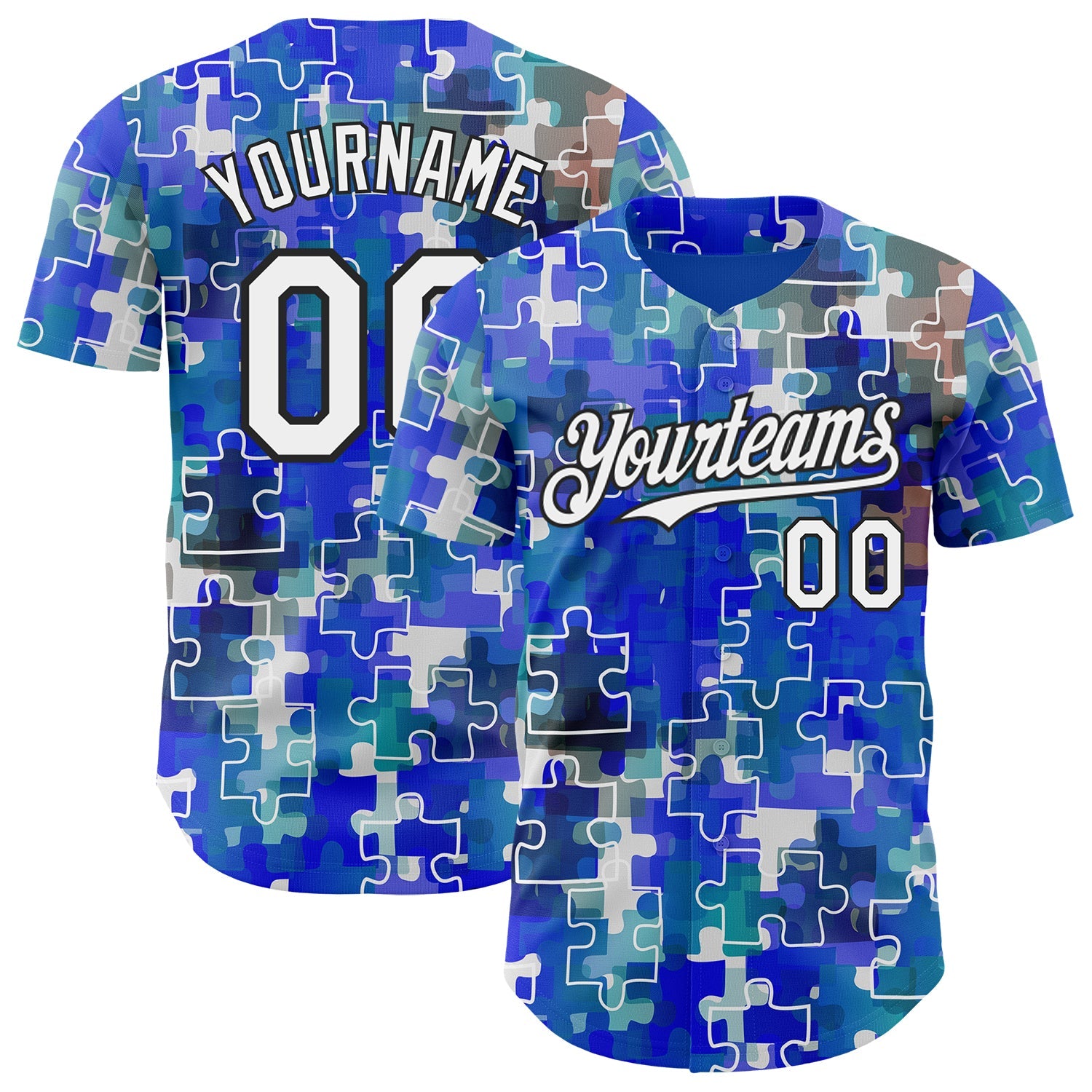 Custom Electric Blue White-Black Puzzle 3D Pattern Design Authentic Baseball Jersey - Main View