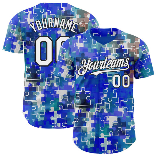 Custom Electric Blue White-Black Puzzle 3D Pattern Design Authentic Baseball Jersey - Main View