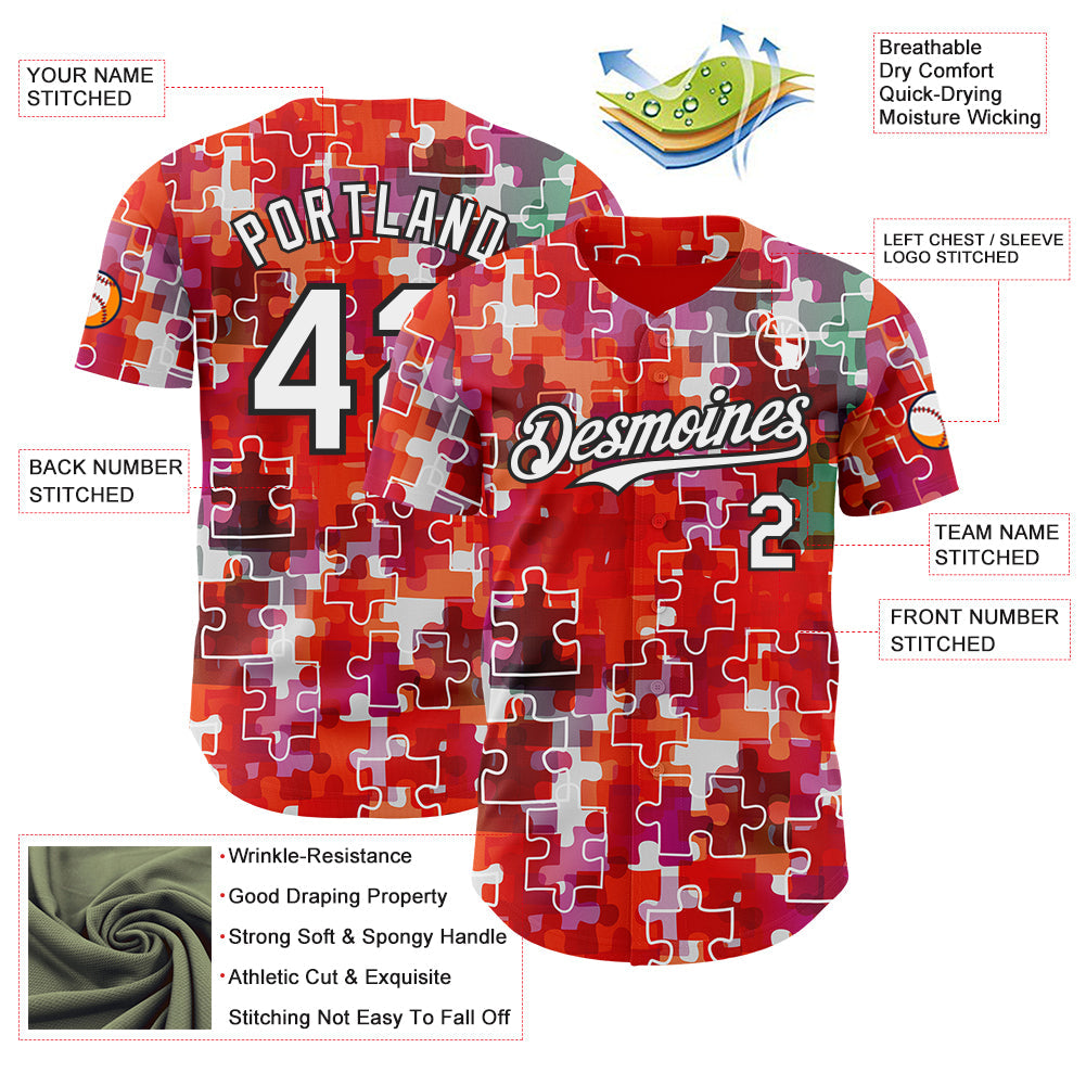 Custom Red White-Black Puzzle 3D Pattern Design Authentic Baseball Jersey view 3