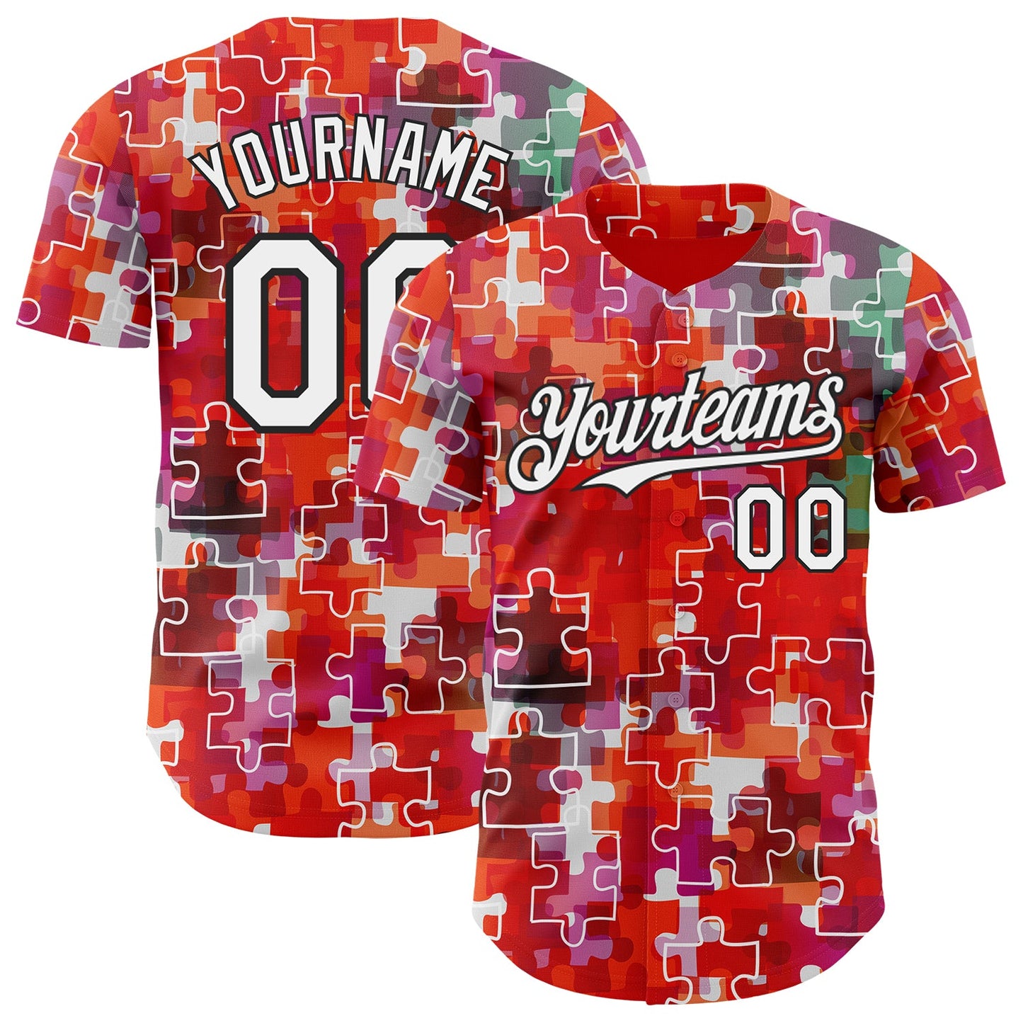 Custom Red White-Black Puzzle 3D Pattern Design Authentic Baseball Jersey - Main View