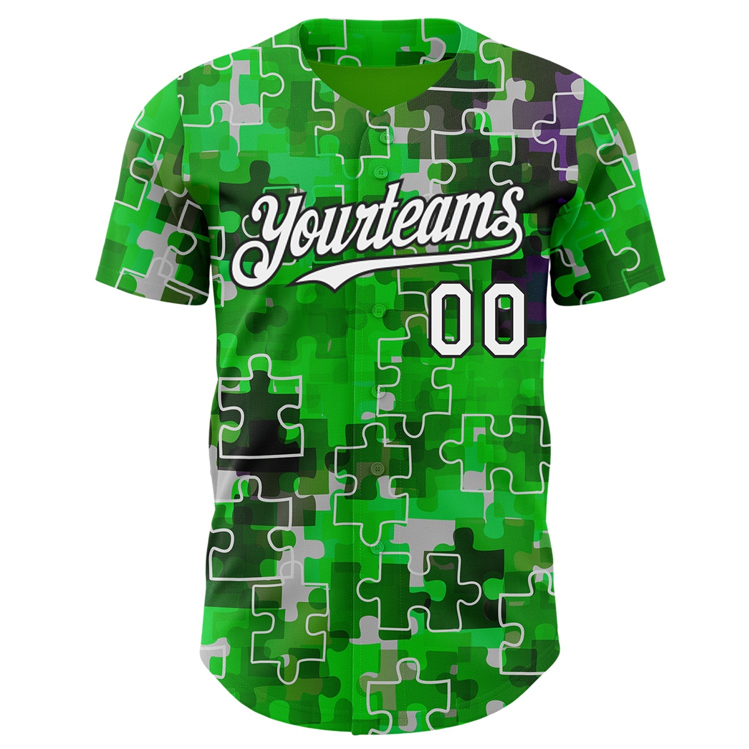 Custom Green White-Black Puzzle 3D Pattern Design Authentic Baseball Jersey view 2