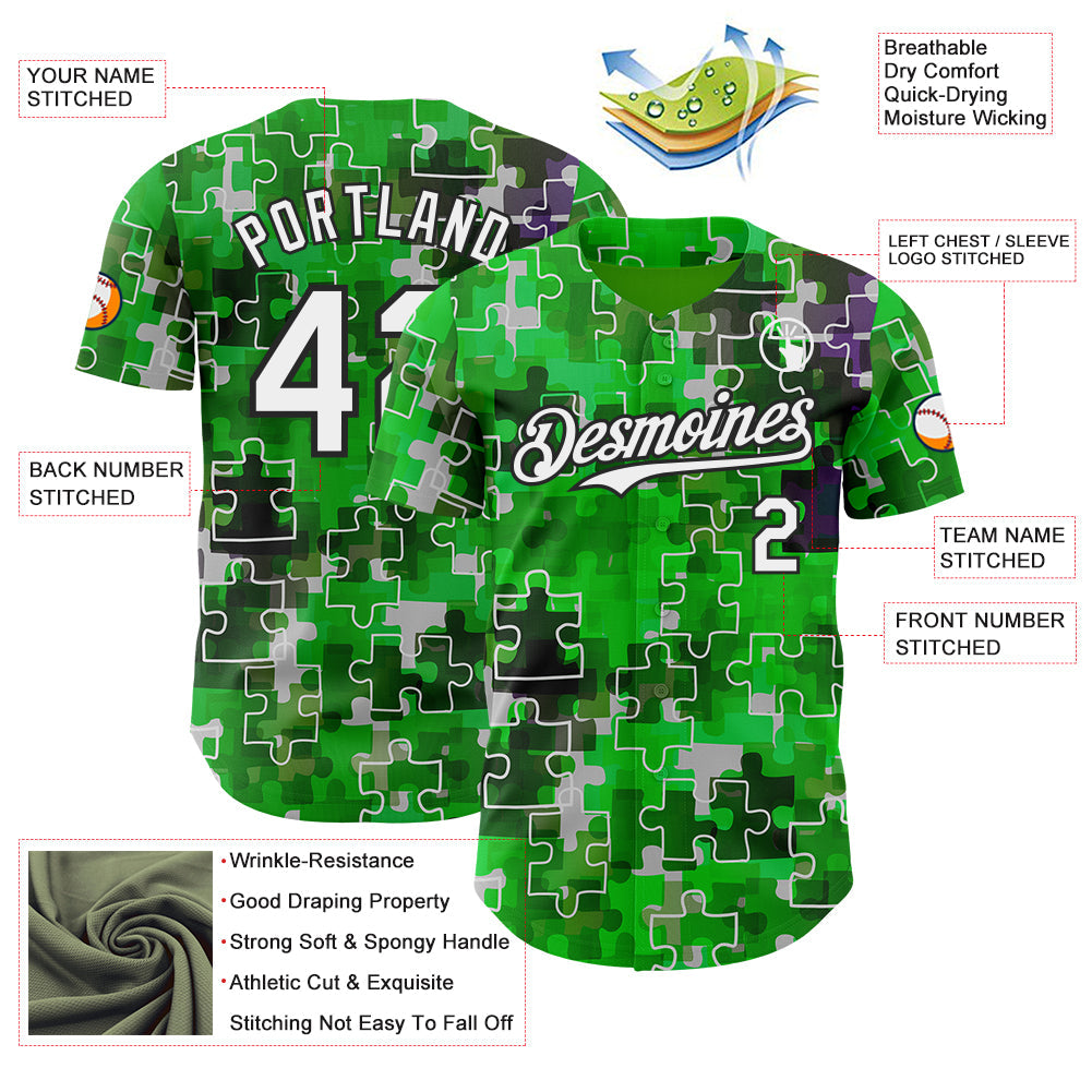 Custom Green White-Black Puzzle 3D Pattern Design Authentic Baseball Jersey view 3