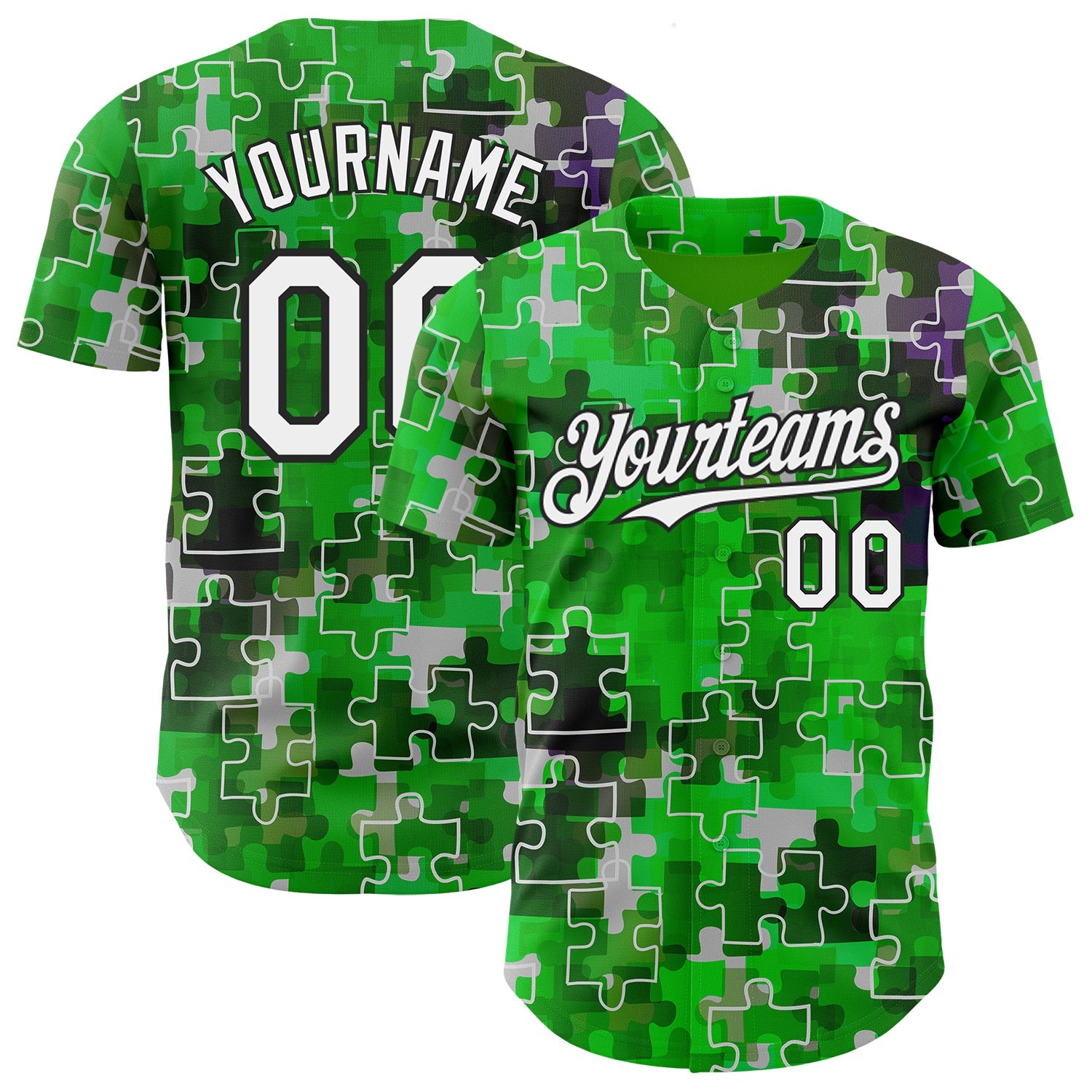 Custom Green White-Black Puzzle 3D Pattern Design Authentic Baseball Jersey - Main View