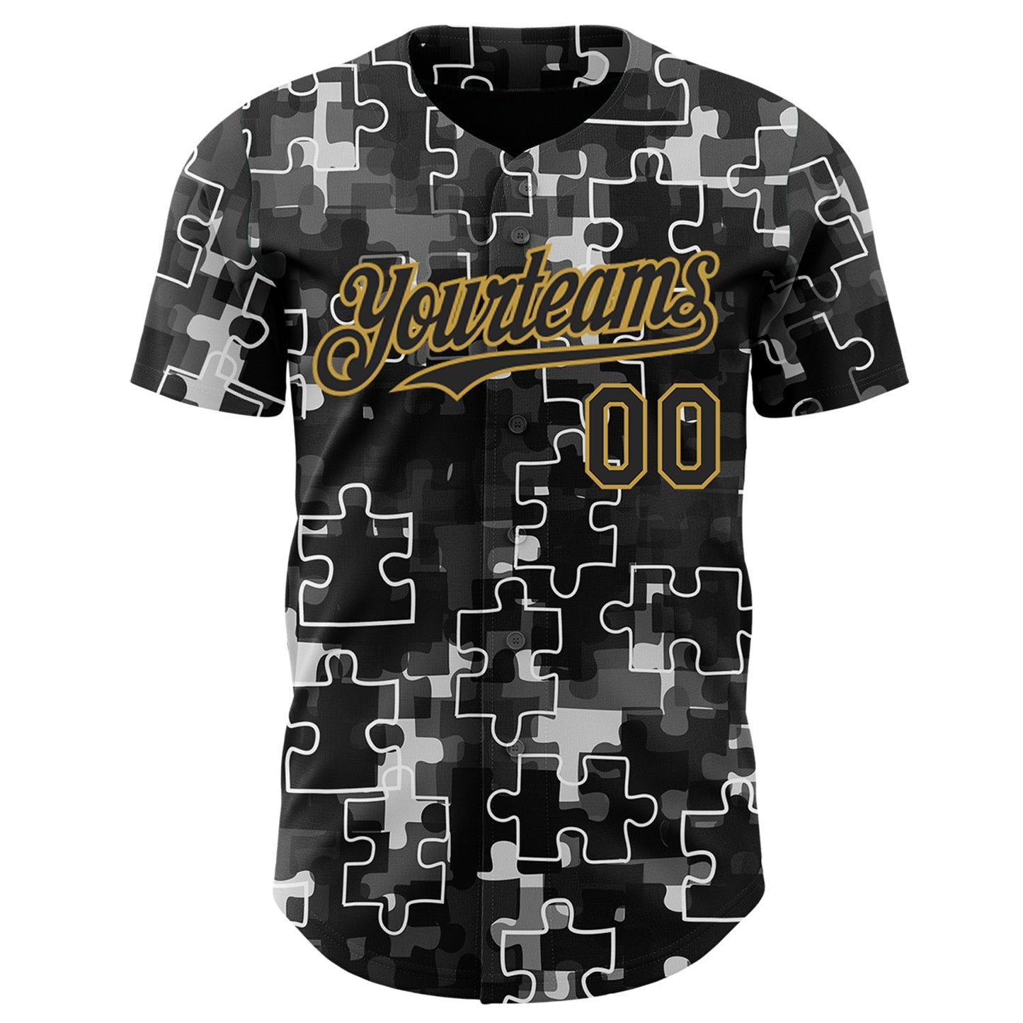 Custom Black-Old Gold Puzzle 3D Pattern Design Authentic Baseball Jersey view 2