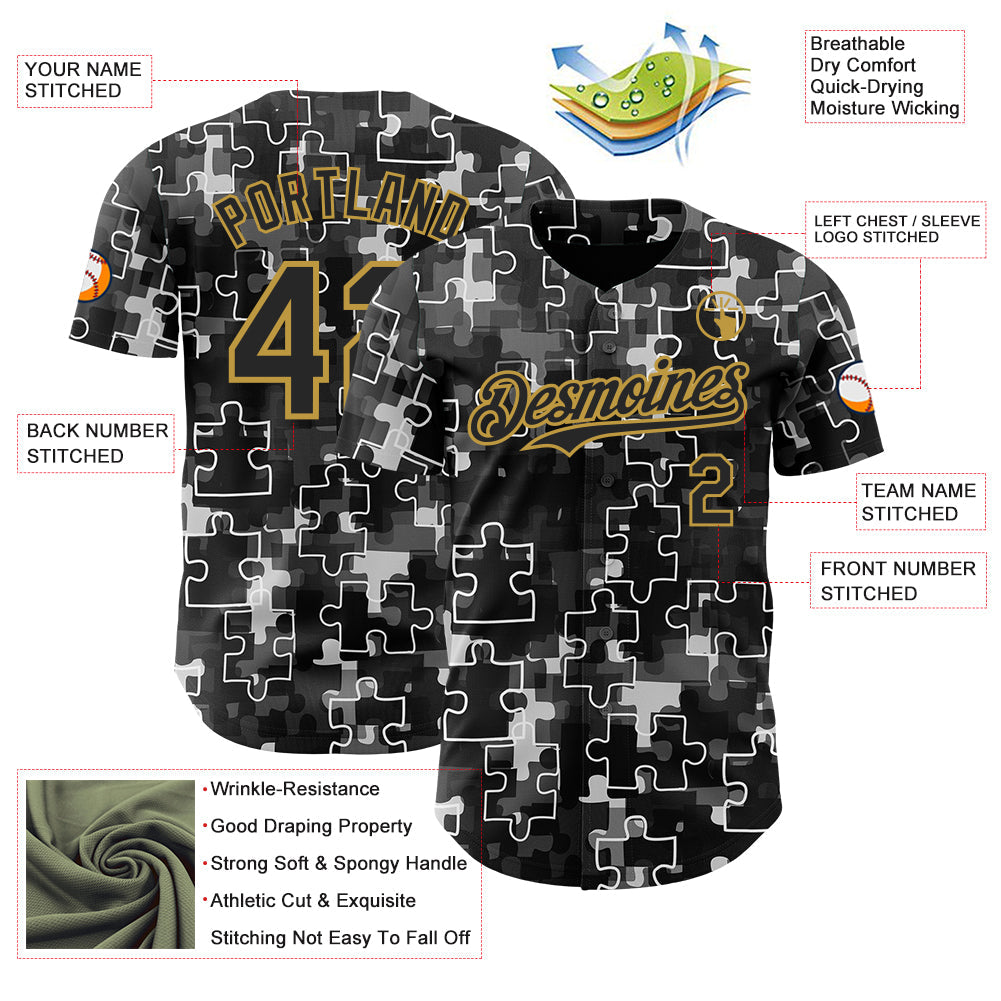 Custom Black-Old Gold Puzzle 3D Pattern Design Authentic Baseball Jersey view 3