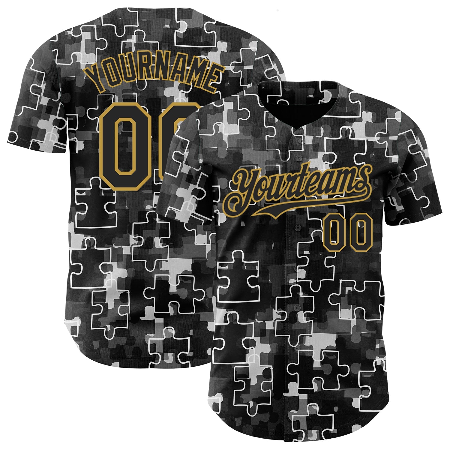 Custom Black-Old Gold Puzzle 3D Pattern Design Authentic Baseball Jersey - Main View