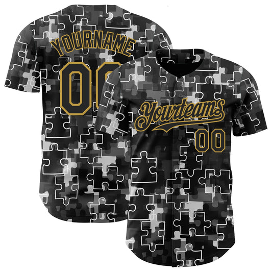 Custom Black-Old Gold Puzzle 3D Pattern Design Authentic Baseball Jersey - Main View