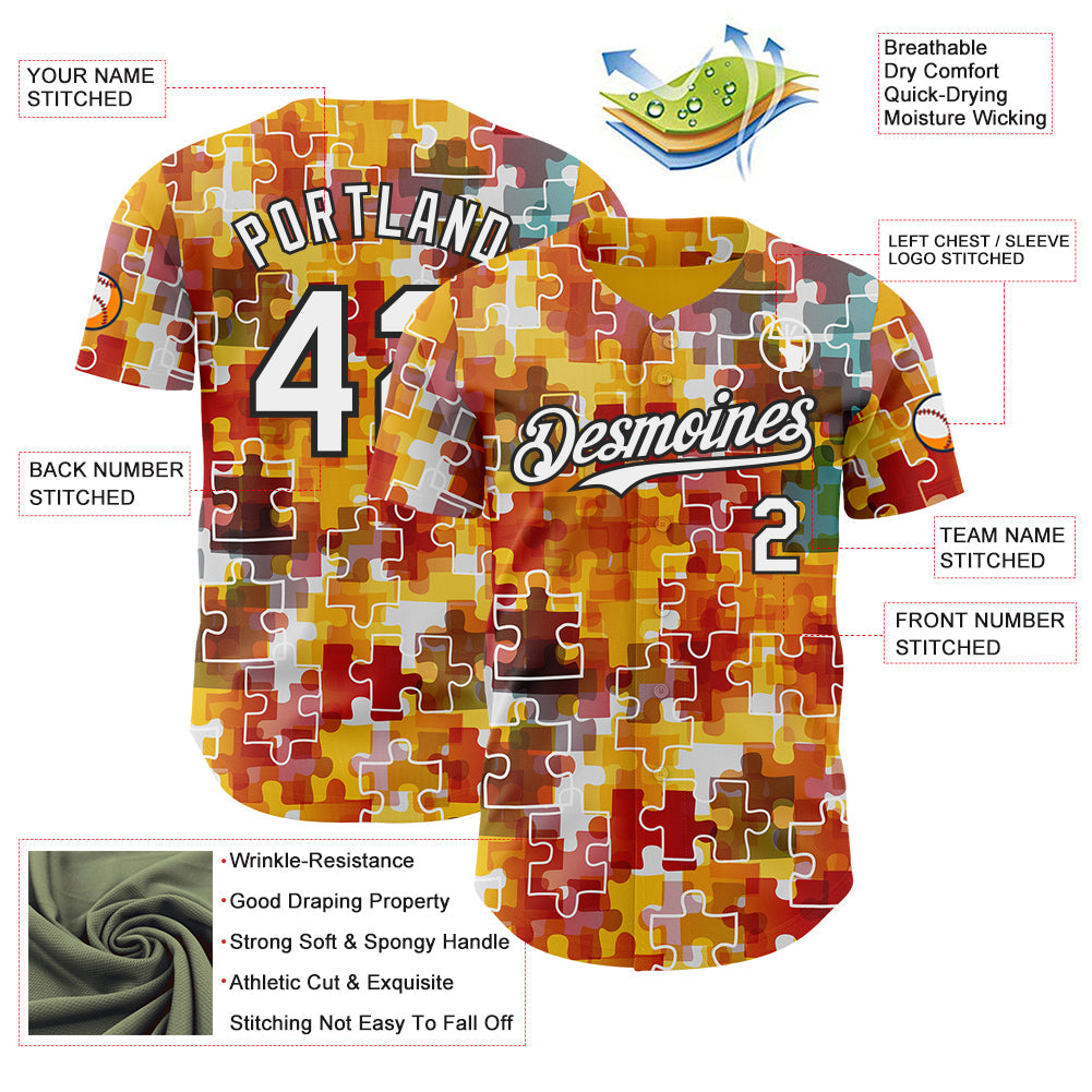 Custom Gold White-Black Puzzle 3D Pattern Design Authentic Baseball Jersey view 3
