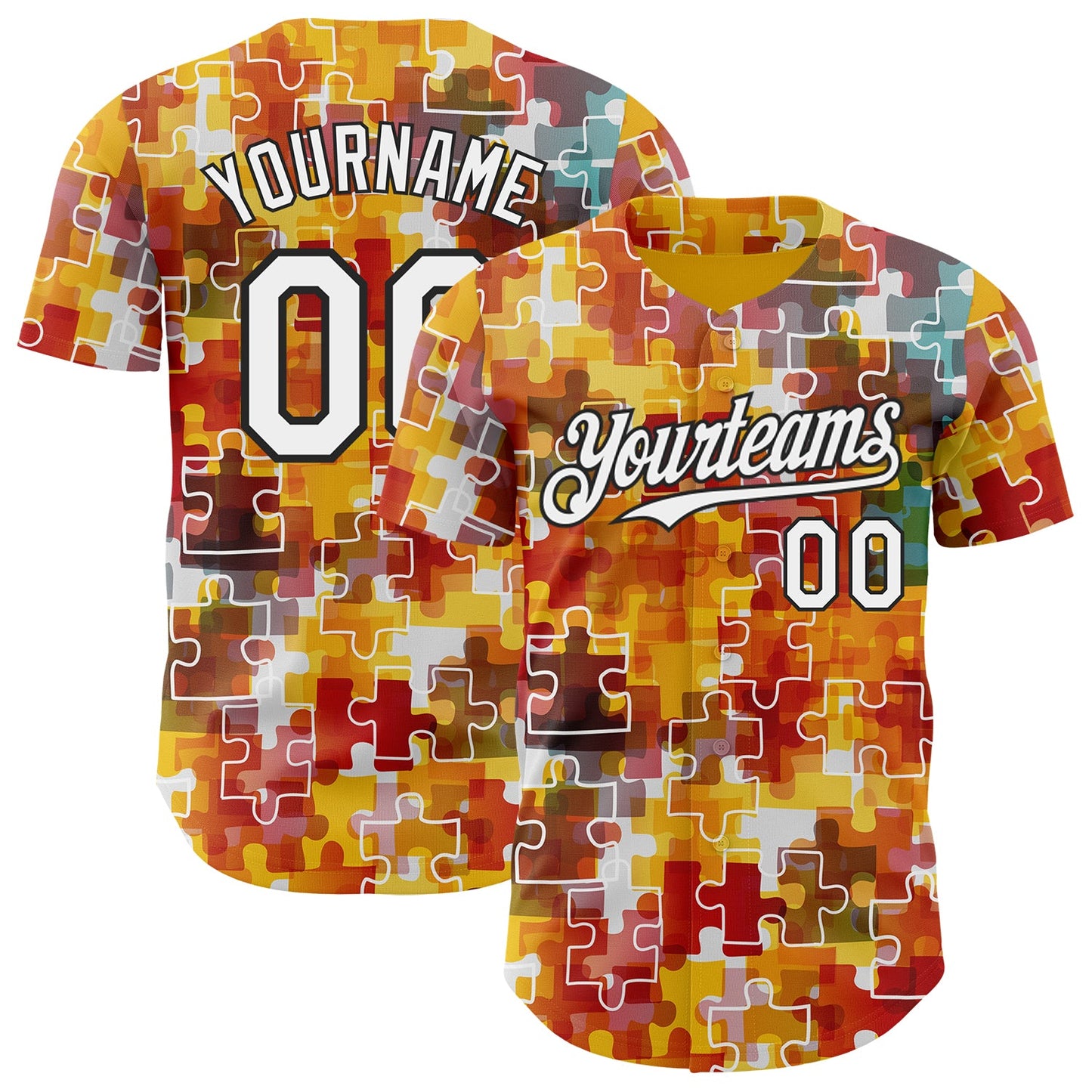 Custom Gold White-Black Puzzle 3D Pattern Design Authentic Baseball Jersey - Main View