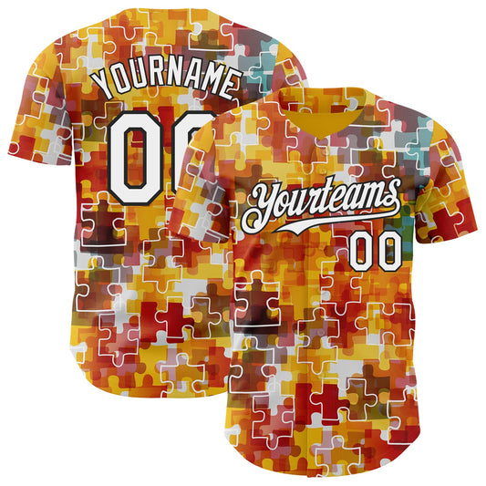 Custom Gold White-Black Puzzle 3D Pattern Design Authentic Baseball Jersey - Main View