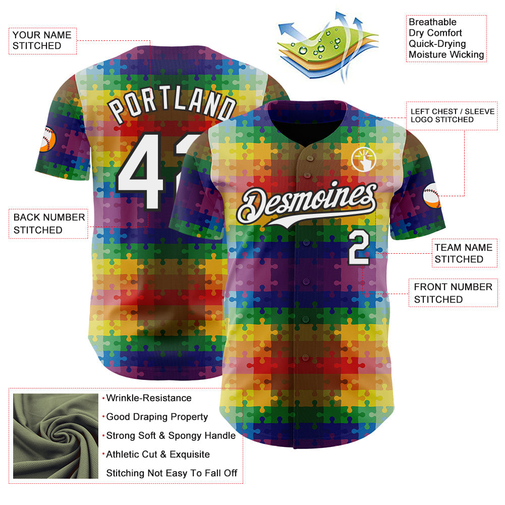 Custom Black-White Puzzle 3D Pattern Design Authentic Baseball Jersey view 3