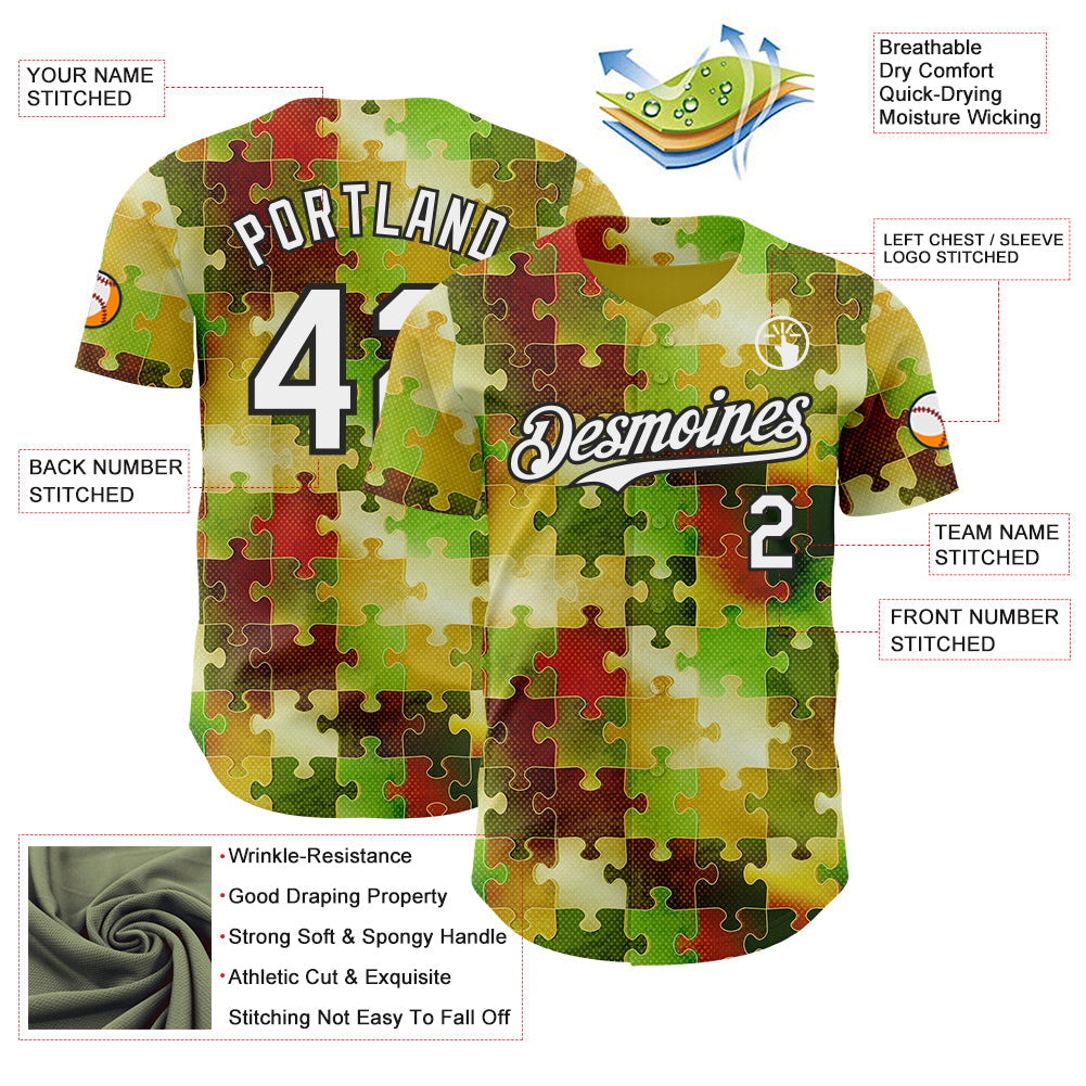 Custom Green White-Black Puzzle 3D Pattern Design Authentic Baseball Jersey view 3