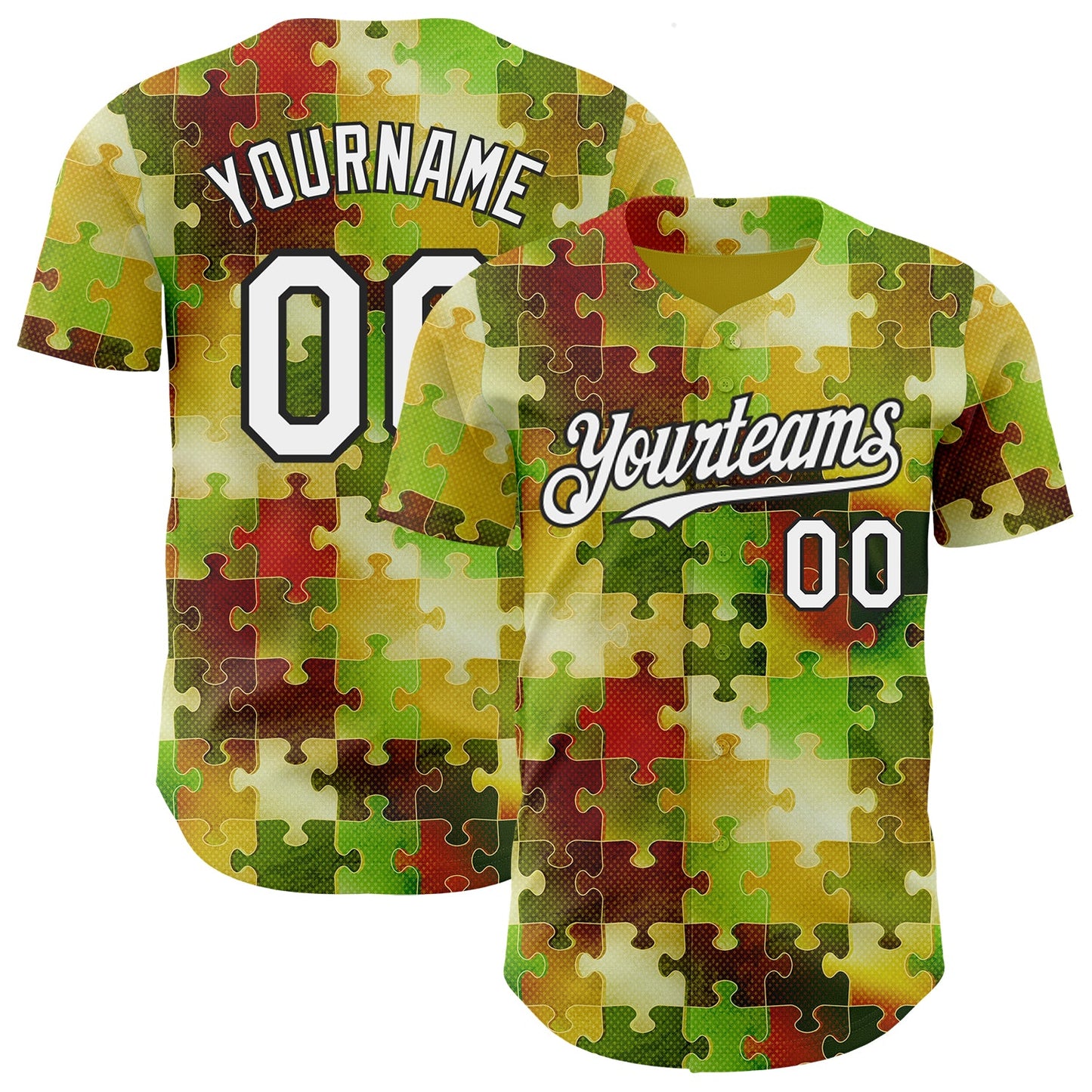 Custom Green White-Black Puzzle 3D Pattern Design Authentic Baseball Jersey - Main View