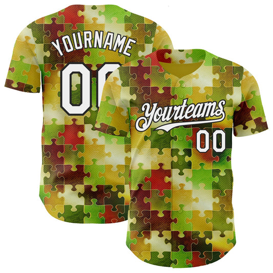 Custom Green White-Black Puzzle 3D Pattern Design Authentic Baseball Jersey - Main View