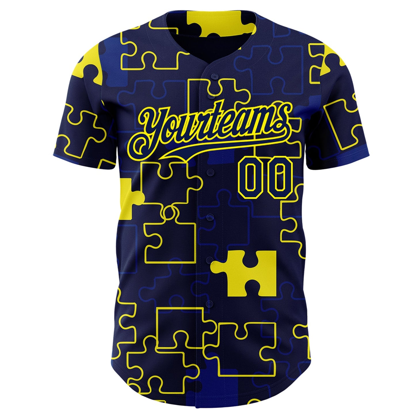 Custom Navy-Light Yellow Puzzle 3D Pattern Design Authentic Baseball Jersey view 2
