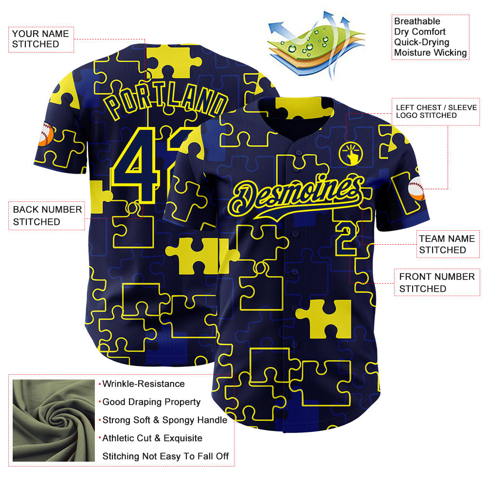 Custom Navy-Light Yellow Puzzle 3D Pattern Design Authentic Baseball Jersey view 3