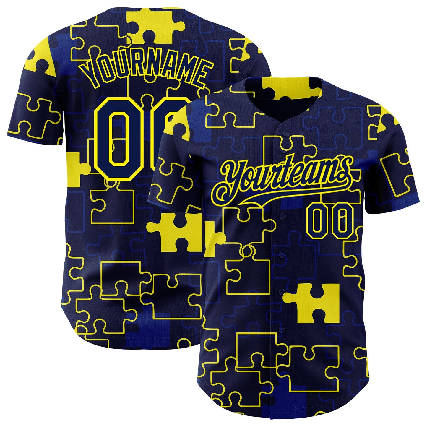 Custom Navy-Light Yellow Puzzle 3D Pattern Design Authentic Baseball Jersey - Main View